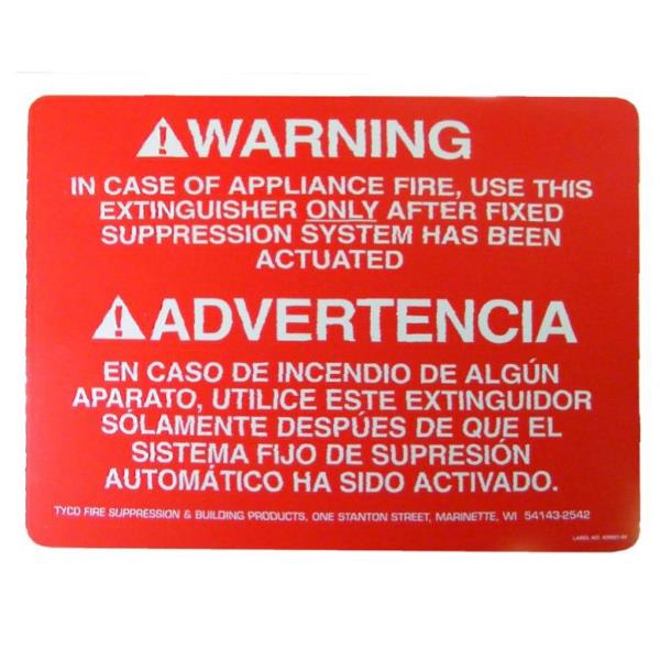 Ansul K-Class Warning Placard