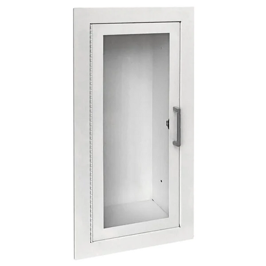 Ambassador Recessed Extinguisher Cabinet, White Steel, 3/8" Flat Square Trim, Full Clear Acrylic Door Style.&nbsp; Cabinet requires a wall rough opening of 11.5" wide X 25" high X 5-7/8" deep.