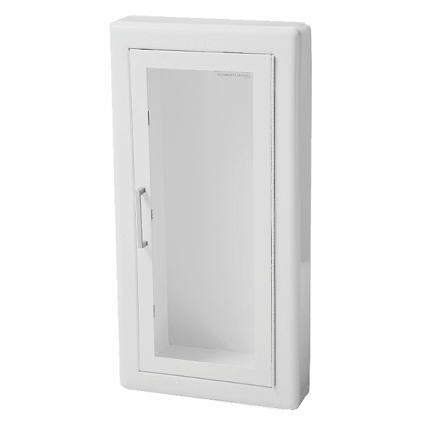 Ambassador Semi-Recessed Extinguisher Cabinet, White Steel, 3" Rolled Trim, Full Clear Acrylic Door Style