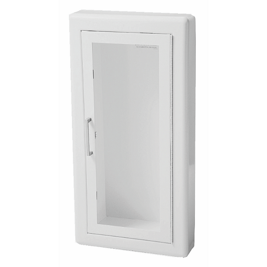 Ambassador Semi-Recessed Extinguisher Cabinet, White Steel, 3" Rolled Trim, Full Clear Acrylic Door Style