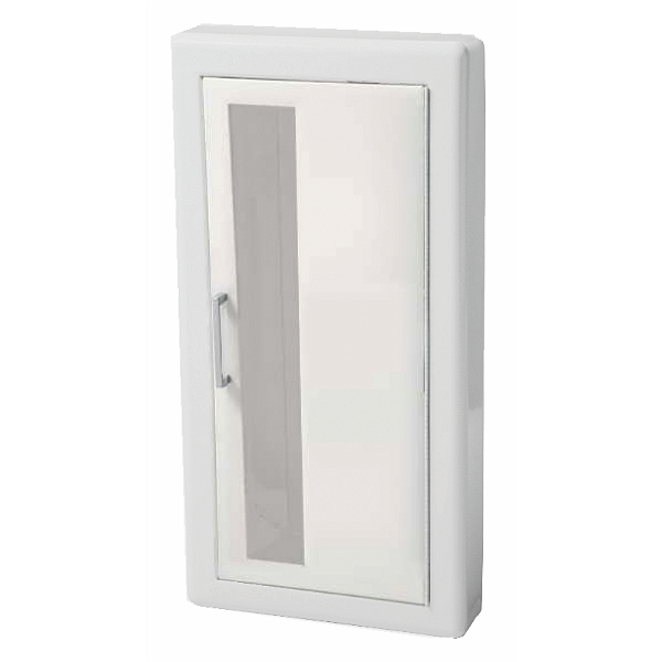 Ambassador Semi-Recessed Extinguisher Cabinet, White Steel, 3" Rolled Trim, Vertical Duo Door Style with Clear Acrylic
