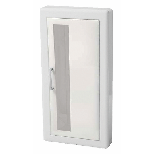 Ambassador Semi-Recessed Extinguisher Cabinet, White Steel, 3" Rolled Trim, Vertical Duo Door Style with Clear Acrylic