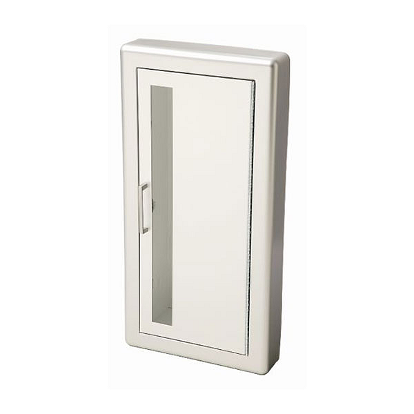 Academy Semi-Recessed Extinguisher Cabinet, Aluminum, 3" Rolled Trim, Vertical Duo Door Style with Clear Acrylic
