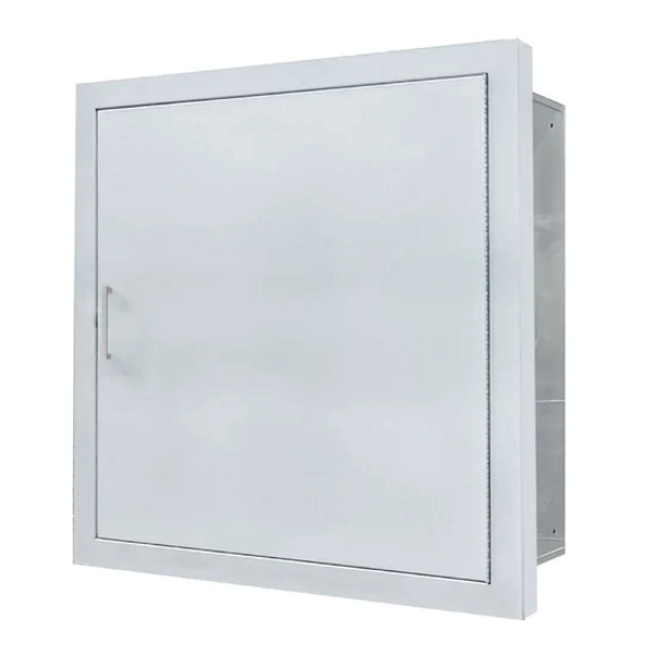 Crownline Series Valve Cabinet, White Steel, Semi-Recessed, Solid Door Style.&nbsp; 3/8" Flat Square Trim.&nbsp; Cabinet requires a wall rough opening of 19" wide X 19" high X 7-7/8" deep.