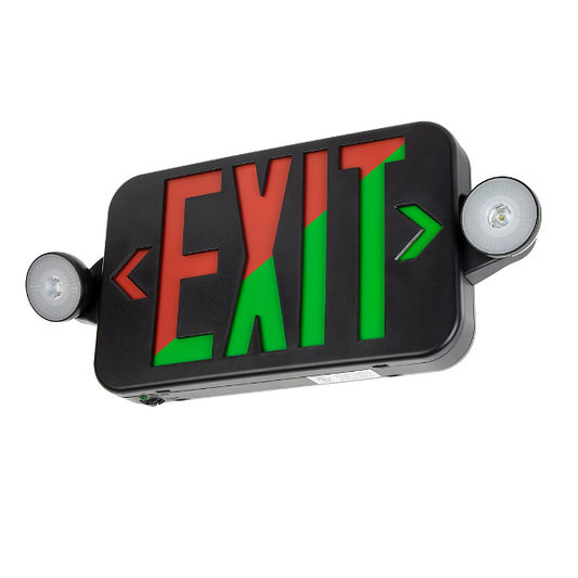 Emergency-Exit Combo Light, LED, Black Thermoplastic Housing, Universal Mounting, Red or Green Letters, 120/277 V, with Battery Backup