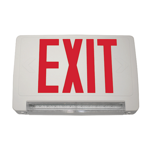 Emergency-Exit Combo Light with Light Bar, LED, White Thermoplastic Housing, Universal Mounting, Red Letters, 120/277 VAC, with Battery Backup