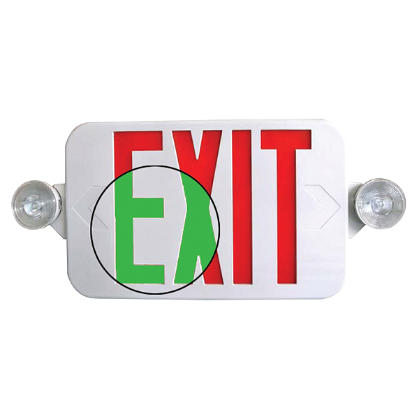 Emergency-Exit Combo Light, LED, White Thermoplastic Housing, Universal Mounting, Red or Green Letters, 120/277 V, with Battery Backup