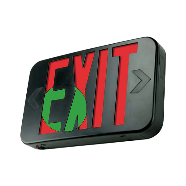Exit Light, LED, Black Thermoplastic Housing, Universal Mounting, Red or Green Letters, 120/277 V, with Battery Backup