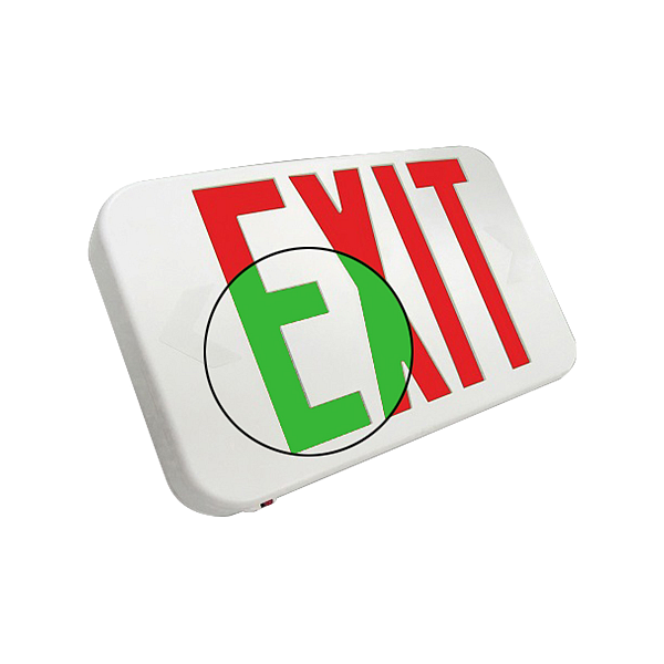 Exit Light, LED, White Thermoplastic Housing, Universal Mounting, Red or Green Letters, 120/277 V, with Battery Backup